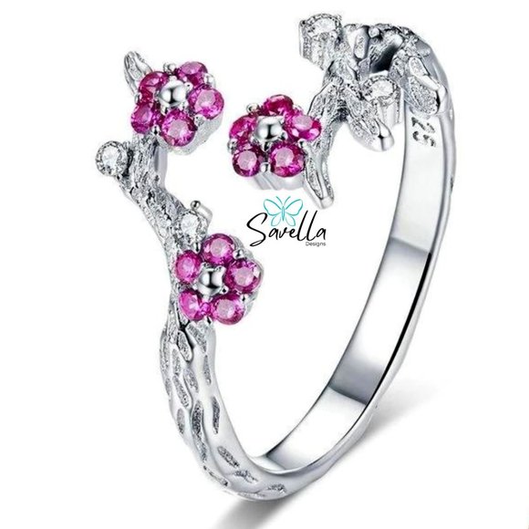 Resizable Cherry Blossom Ring Solid Sterling 925 Silver - Picture 1 of 3